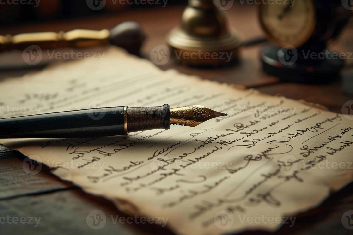 AI generated Elegant contract signed with an antique quill pen on parchment photo