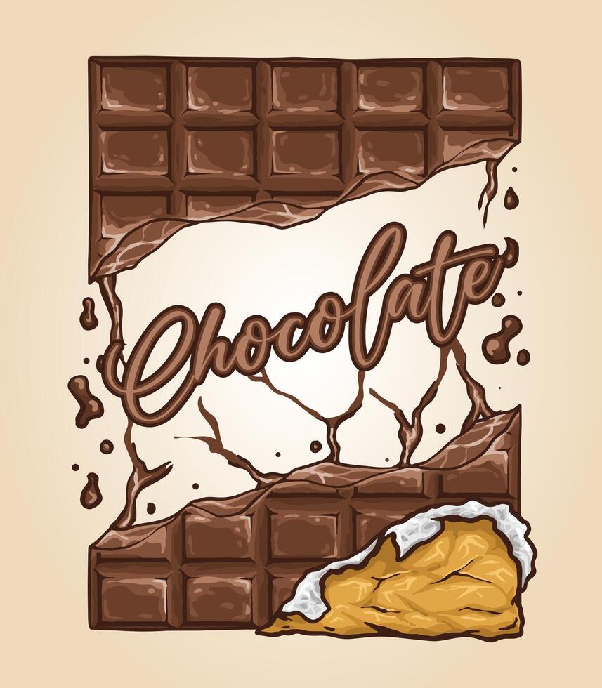 Chocolate bar illustration and text with ripped golden wrapper vector