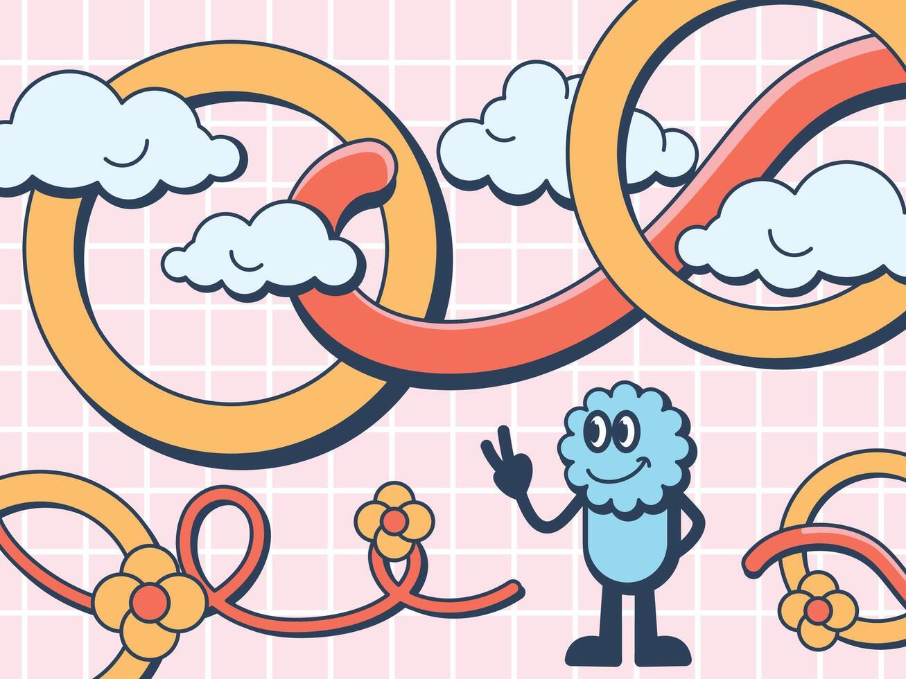 Hand Drawn Cool character trendy cartoon design with cloud and fun shape vector