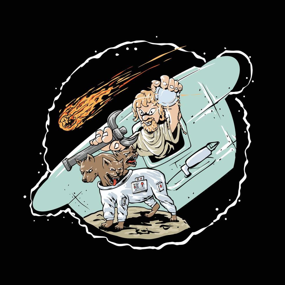 God of pluto and cerberus wearing astronaut suit cartoon illustration vector