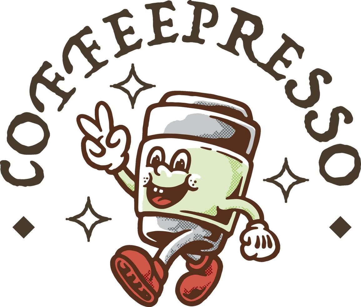 contento café taza personaje mascota con retro estilo vector