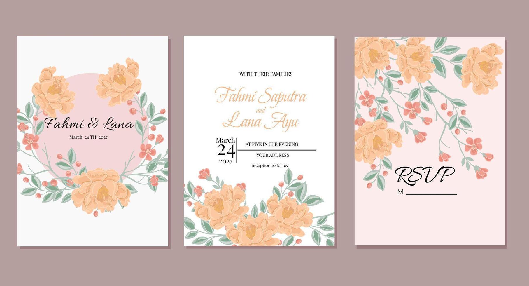 Peach Vintage Peony Flower Wedding Invitation vector