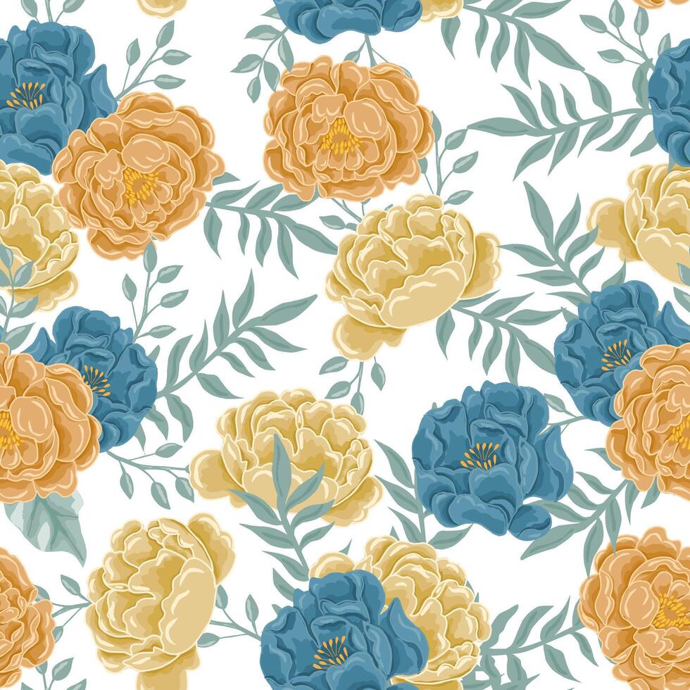 Vintage Blue and Orange Rose Flower Seamless Pattern vector