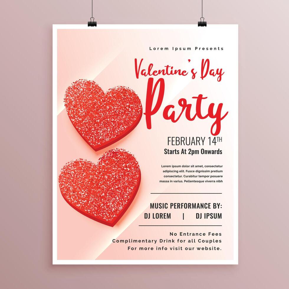 red glitter hearts flyer design for valentines party vector