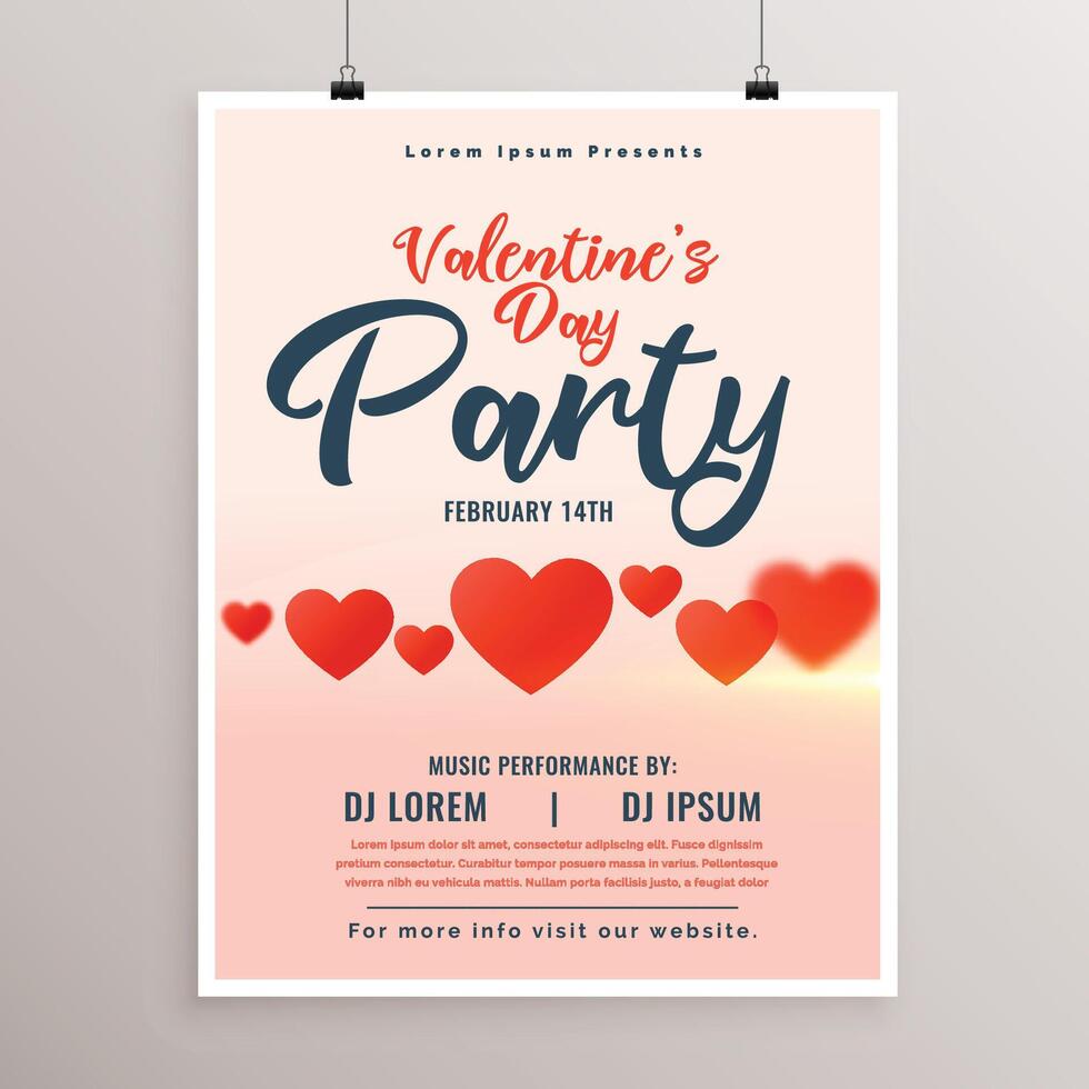 valentines day party flyer with red hearts vector