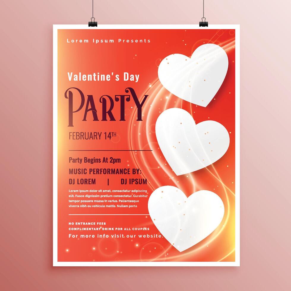 valentines day party event flyer with light glowing wave vector