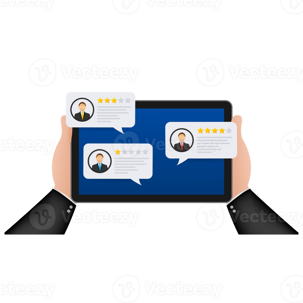 Reveja Avaliação bolha discursos em tábua ilustração, plano estilo Smartphone avaliações estrelas com Boa e mau taxa e texto png