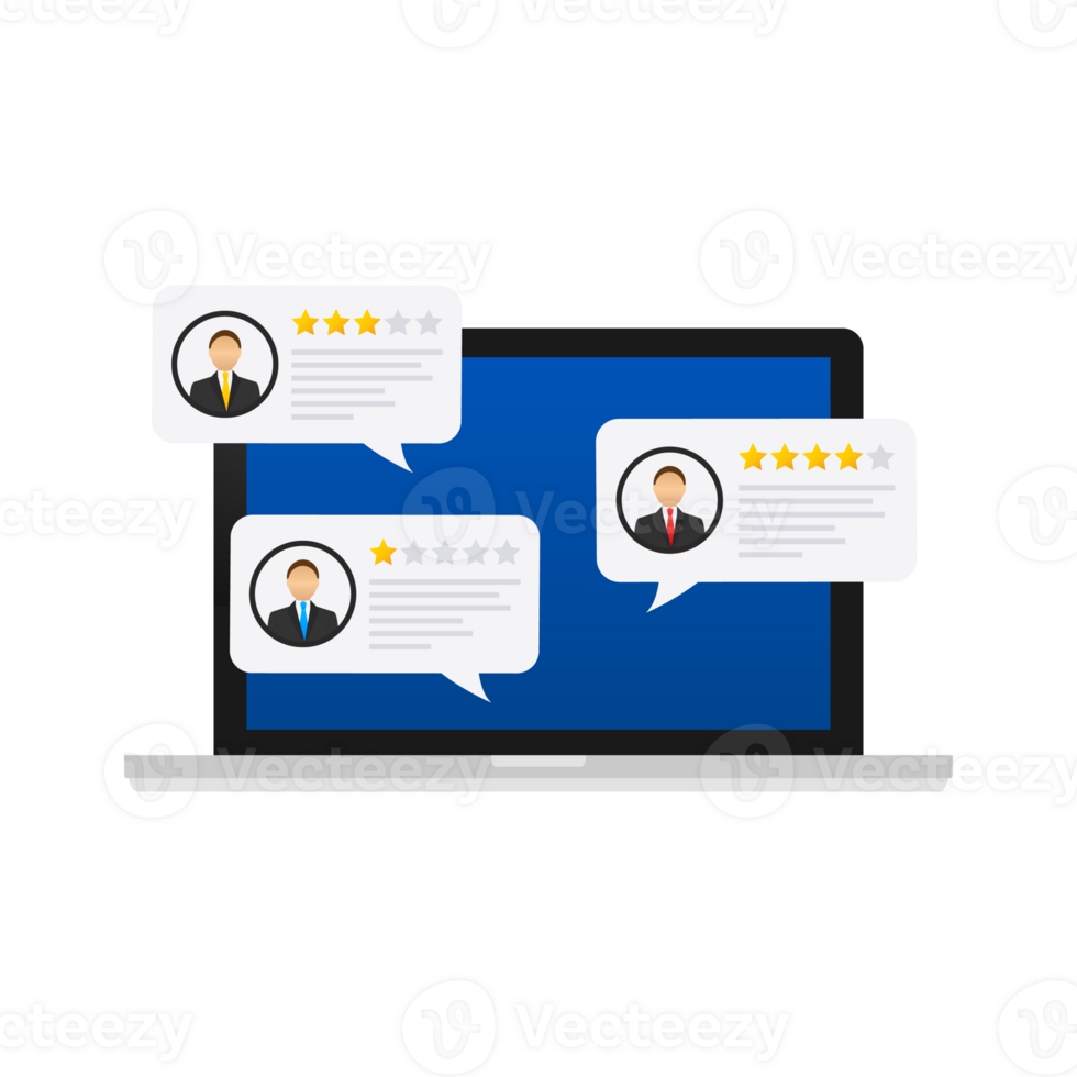 Reveja Avaliação bolha discursos em computador portátil ilustração, plano estilo Smartphone avaliações estrelas com Boa e mau taxa e texto png