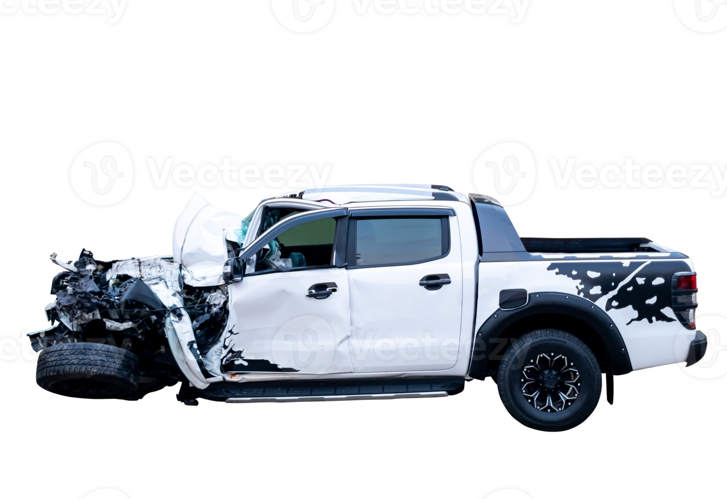 Car crash, Side view of white pickup car get hard damaged by accident on the road. damaged cars after collision. isolated on transparent background, PNG File