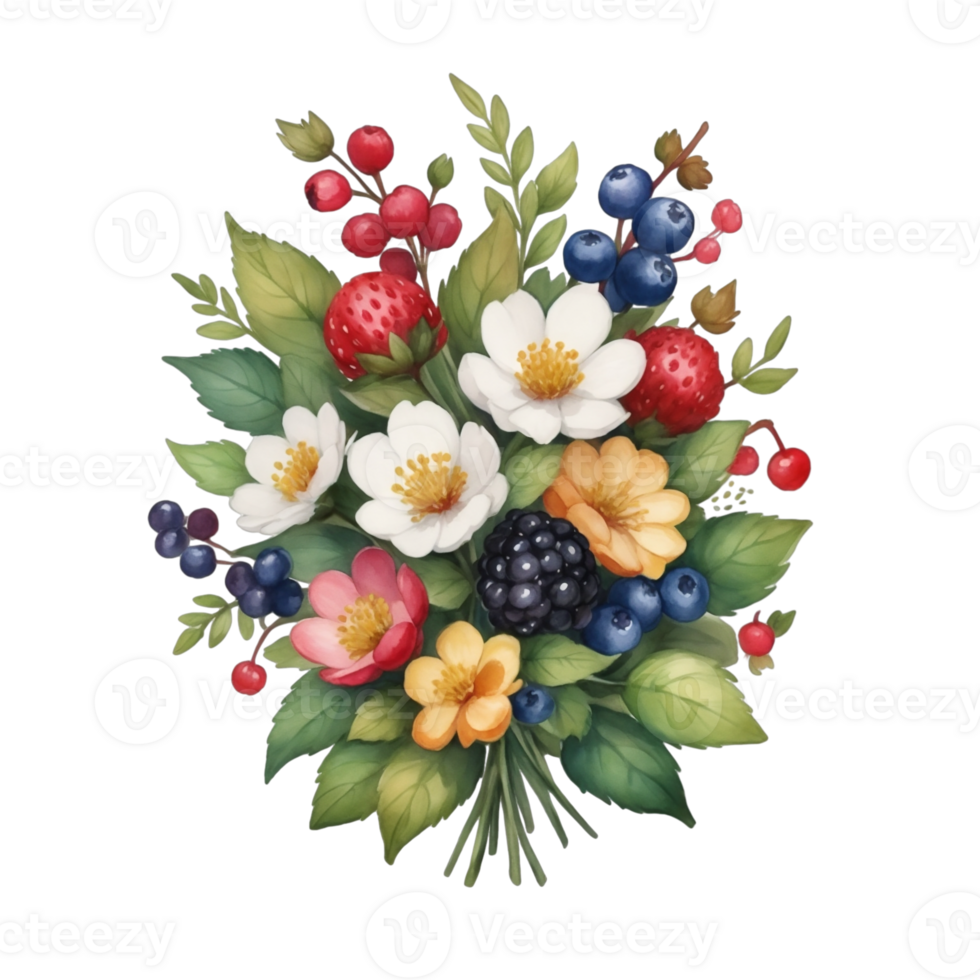 AI generated graphics of a bouquet of flowers and berries on a background of green leaves png