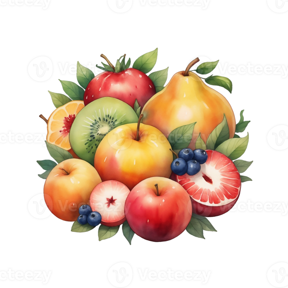 AI generated graphics of a bouquet of flowers and fruits on a background of green leaves png