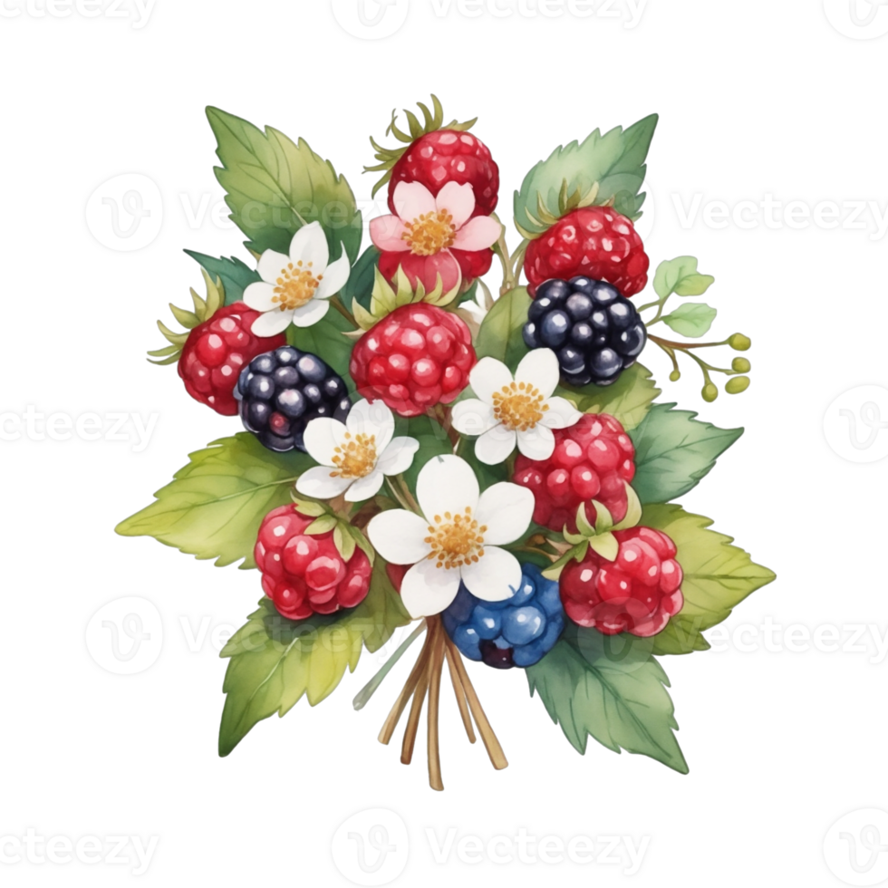 AI generated graphics of a bouquet of flowers and berries on a background of green leaves png