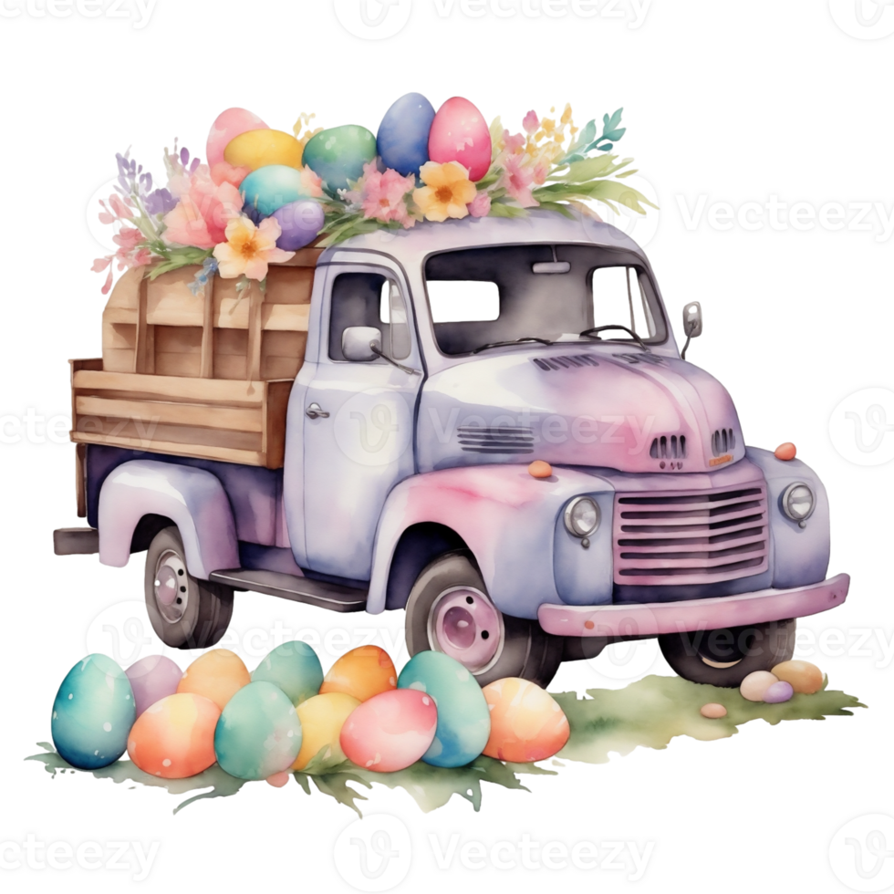 ai generato acquerello grafica per Pasqua retrò camion con Pasqua uova png