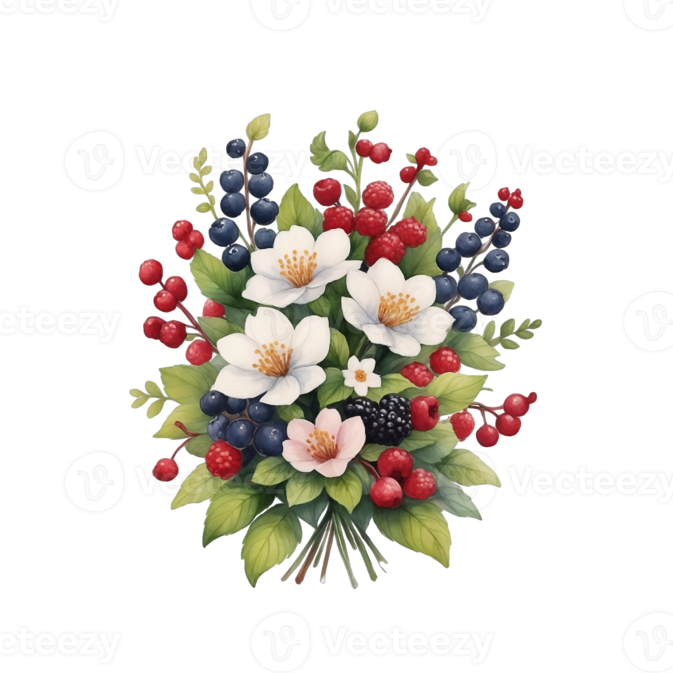 AI generated graphics of a bouquet of flowers and berries on a background of green leaves png