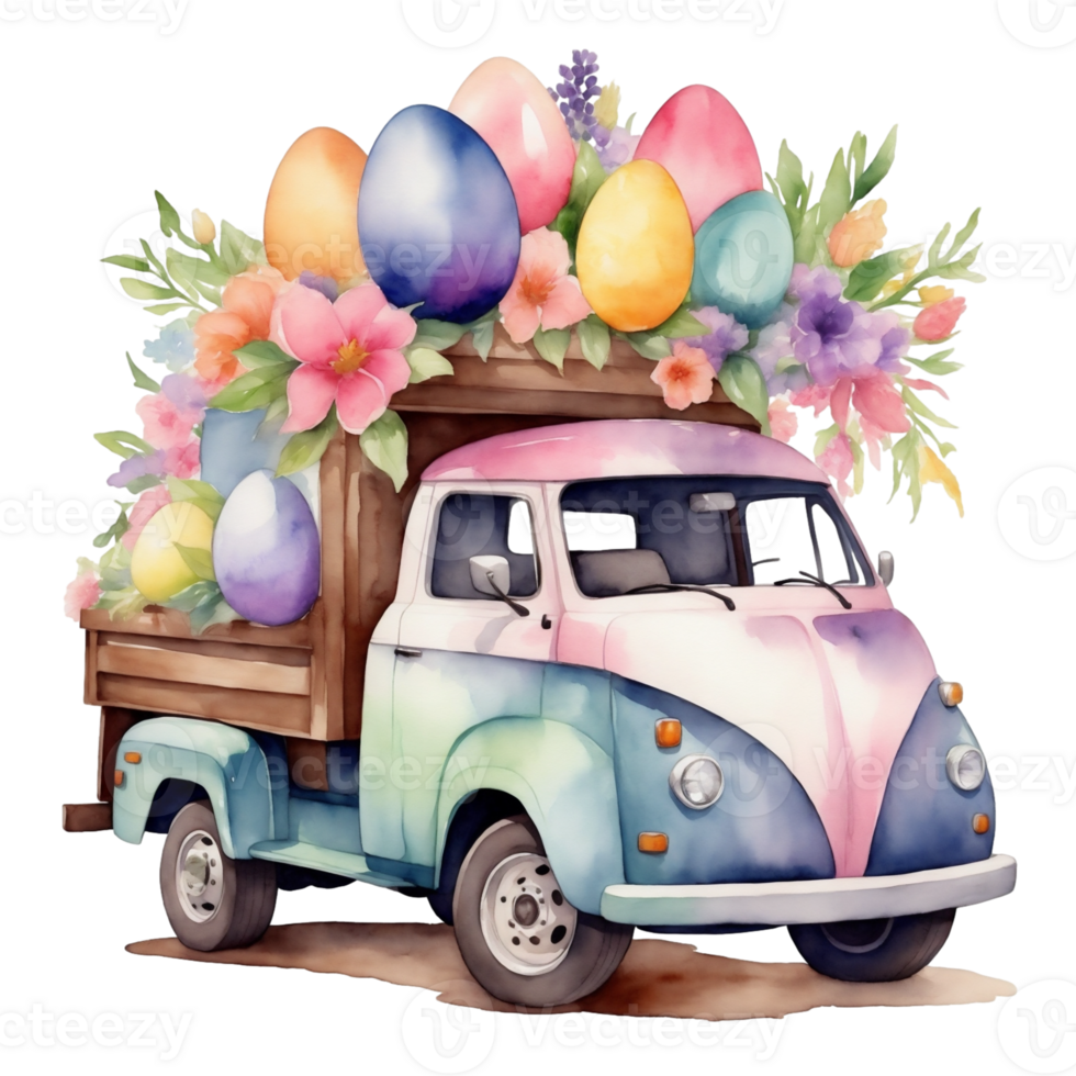 AI generated watercolor graphics for easter retro truck with easter eggs png