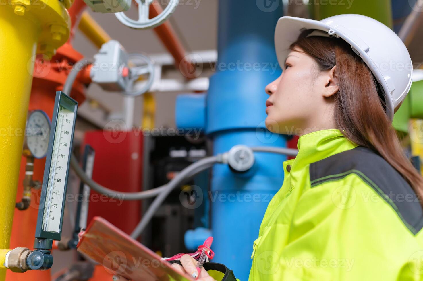 Maintenance technician at a heating plant,Petrochemical workers supervise the operation of gas and oil pipelines in the factory,Engineers put hearing protector At room with many pipes photo