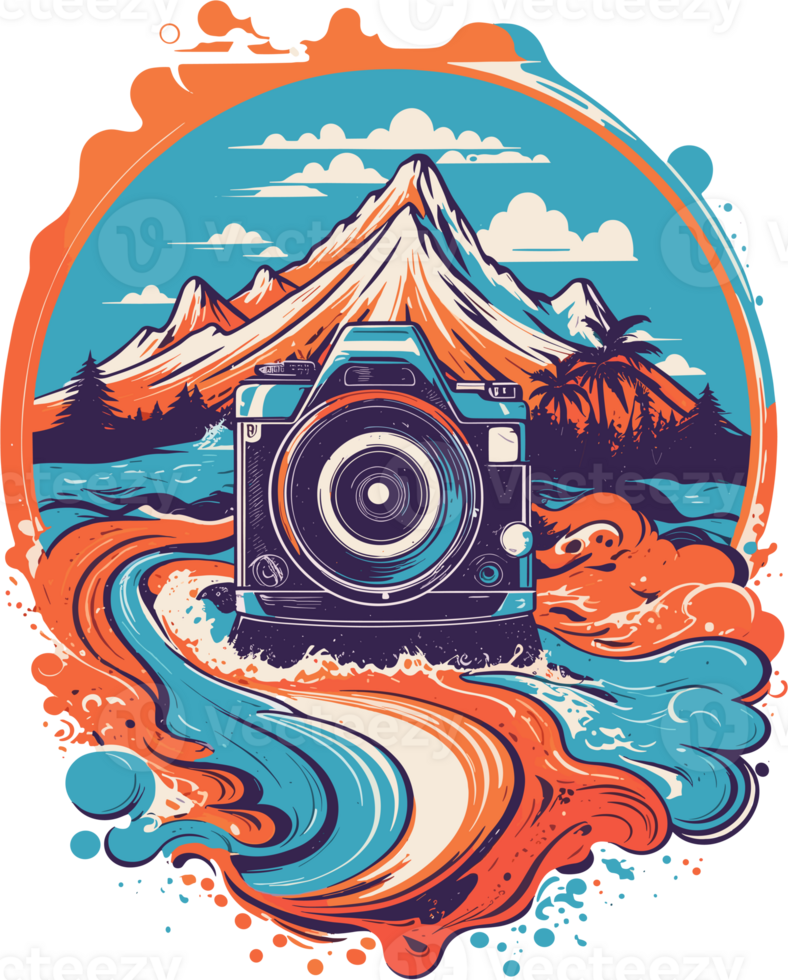 AI generated graphic vintage photo camera on sea and mountains background png
