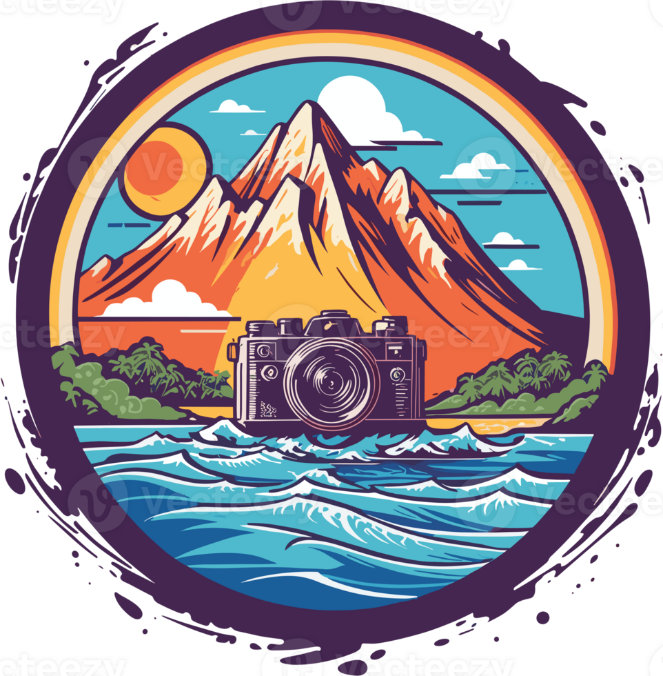 AI generated graphic vintage photo camera on sea and mountains background png