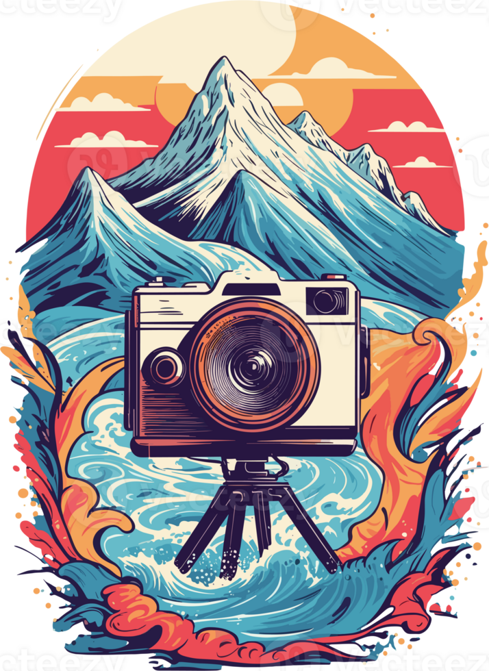 AI generated graphic vintage photo camera on sea and mountains background png