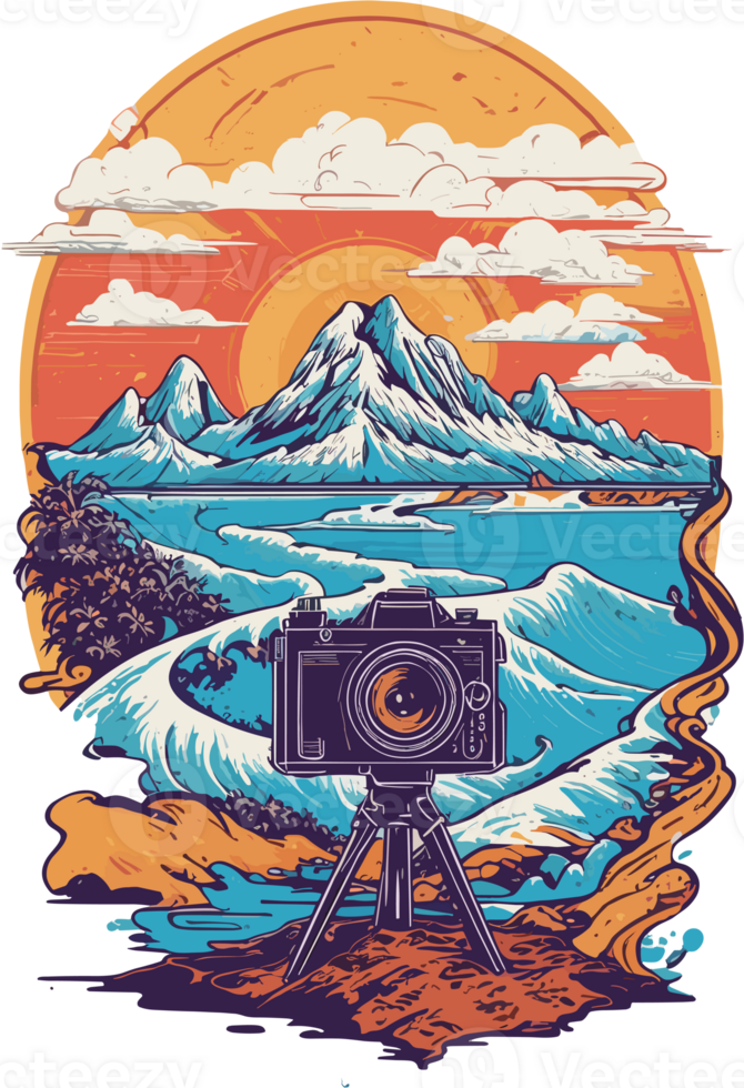 AI generated graphic vintage photo camera on sea and mountains background png