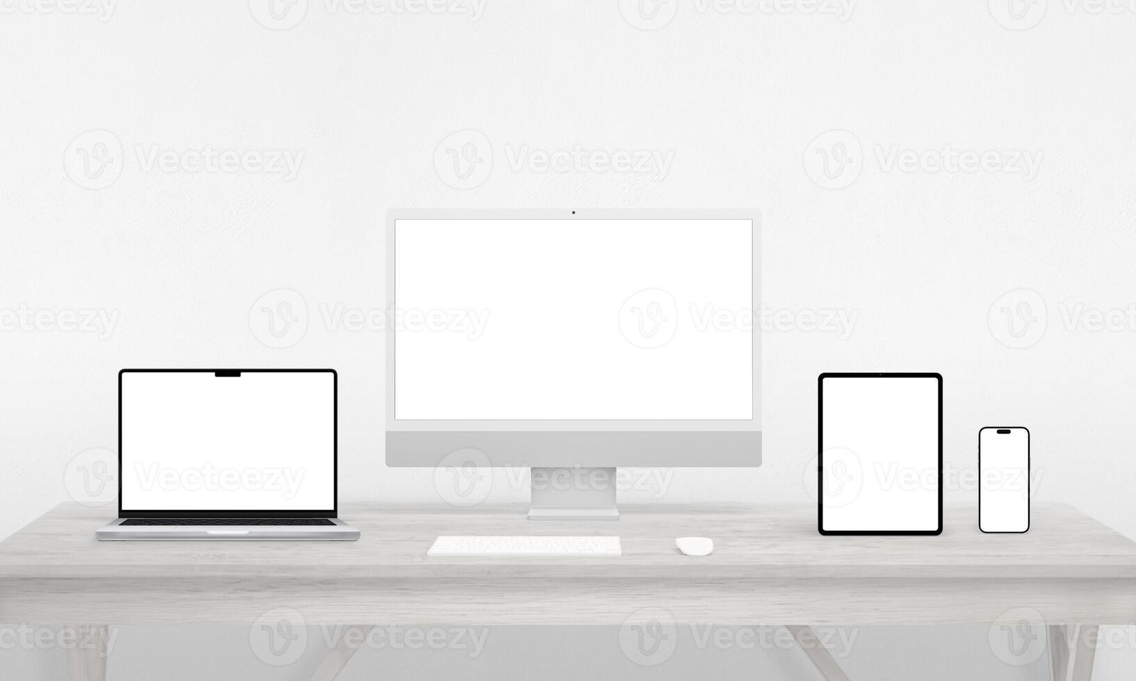 Responsive devices display on a work desk computer, phone, tablet, laptop. Isolated screens ideal for mockups, showcasing app or web page presentations with versatility in design photo