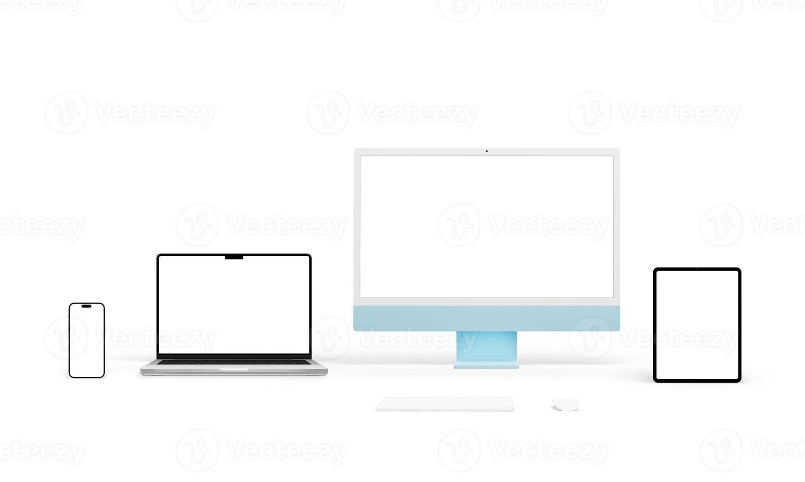 Modern computer devices with varied screen resolutions for app or web page presentations. Isolated screens for mockup designs. Includes blue computer display, laptop, tablet, and smartphone photo