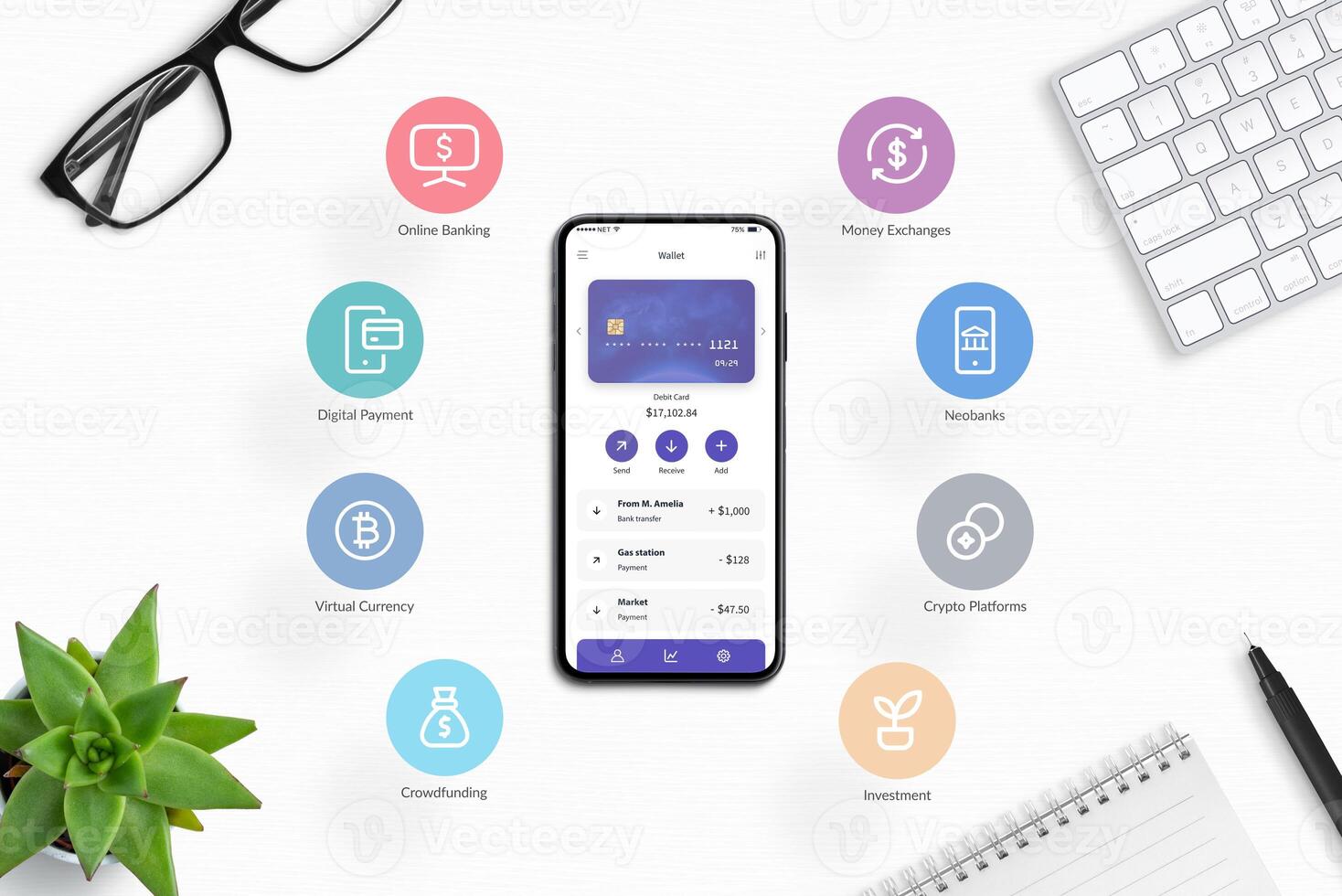 Smartphone on a desk displays a fintech app concept with flying icons around it. Illustrating the integration of diverse fintech services for modern and efficient financial management photo