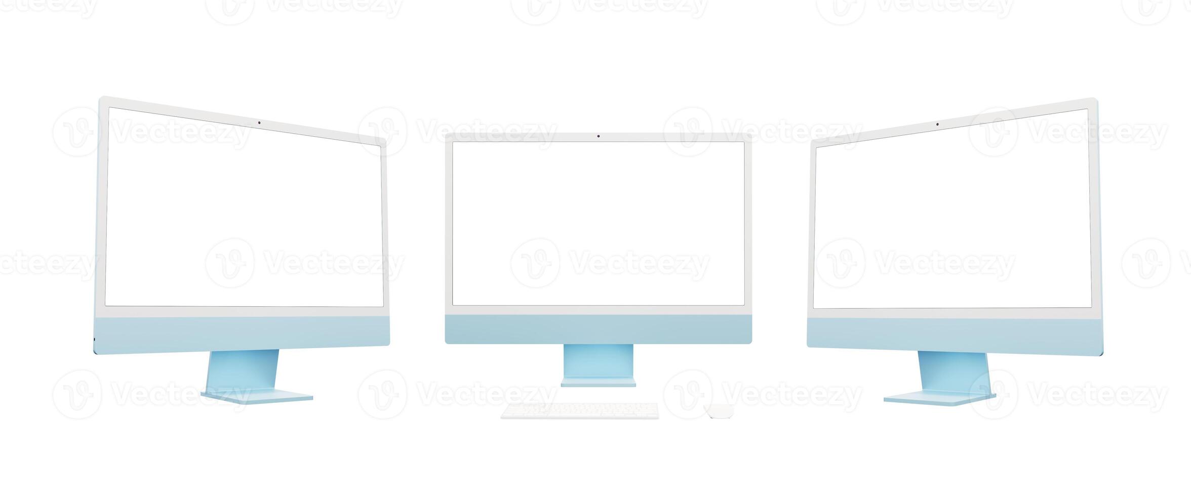 Modern blue computer display presented in three angles left, front, right. Isolated screen and background, perfect for mockup and web page presentations, showcasing versatility in design photo