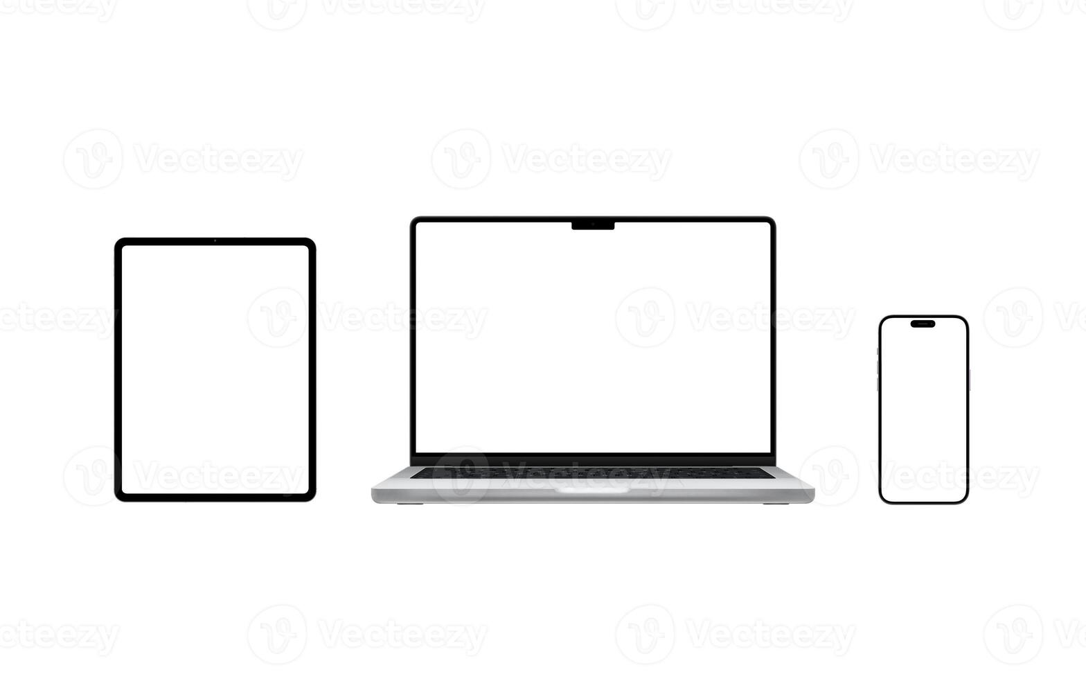 Laptop, tablet, and smartphone with isolated screens for app or web page presentation mockups. Versatile devices for design creation, showcasing innovation and technology in a modern workspace photo