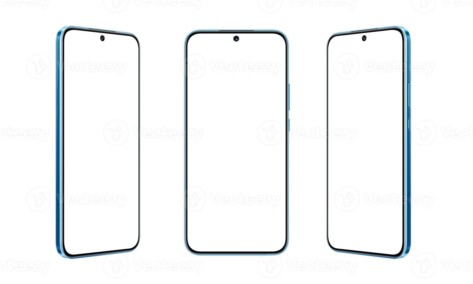 Blue smartphone isolated on white, showcasing three positions for app presentations. Clear screen for customization photo