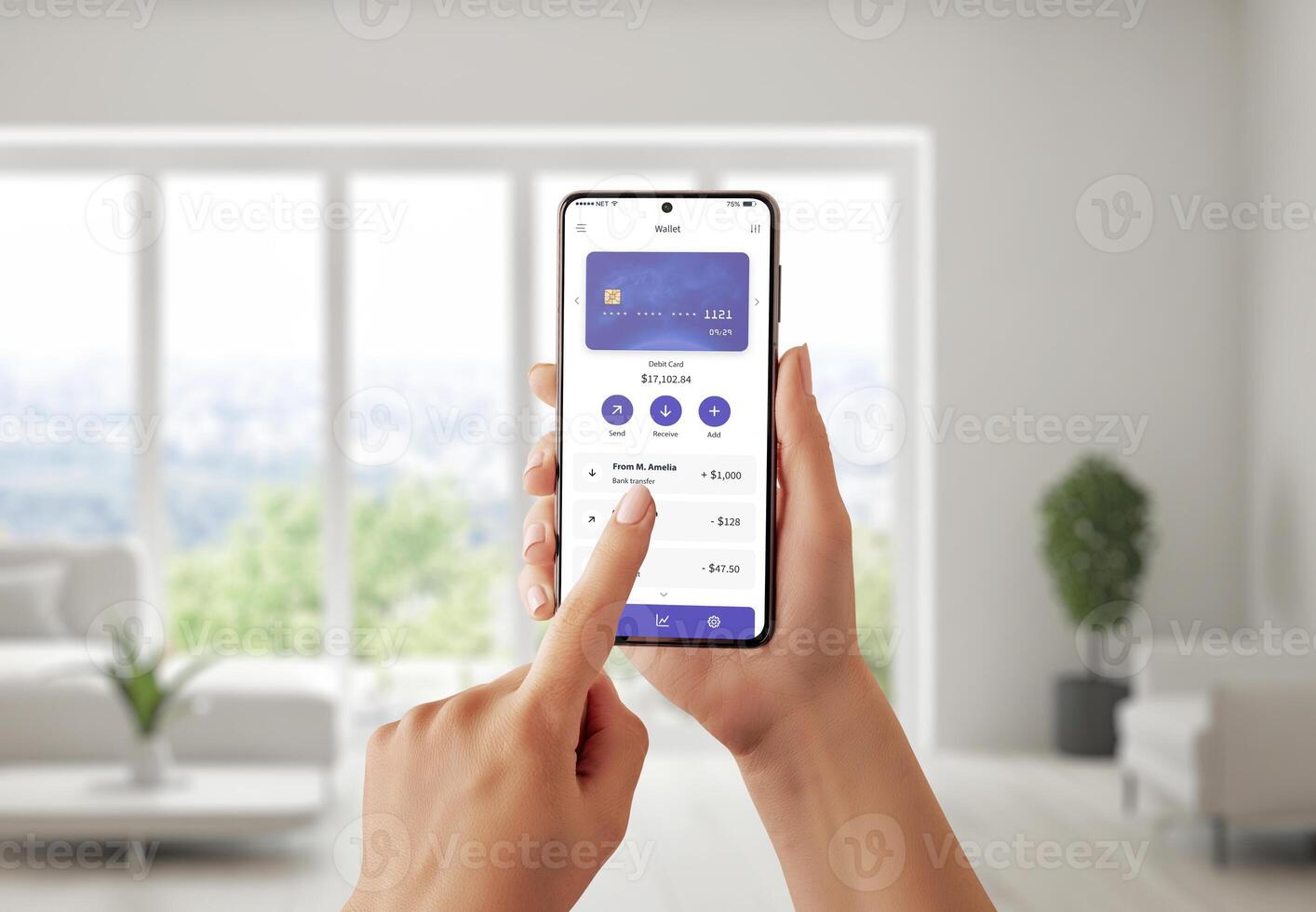 Smartphone displays fintech usability with a conceptual app design, featuring a credit card and transactions. Streamlined financial management photo