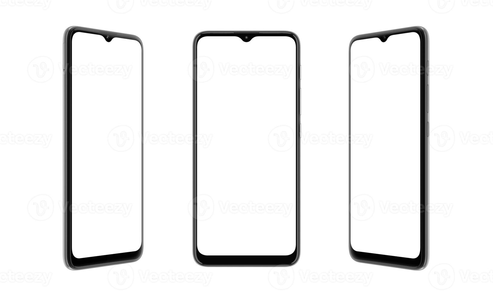 Isolated smart device with sleek, round edges in three positions. Versatile phone mockup, perfect for app or web page presentation photo