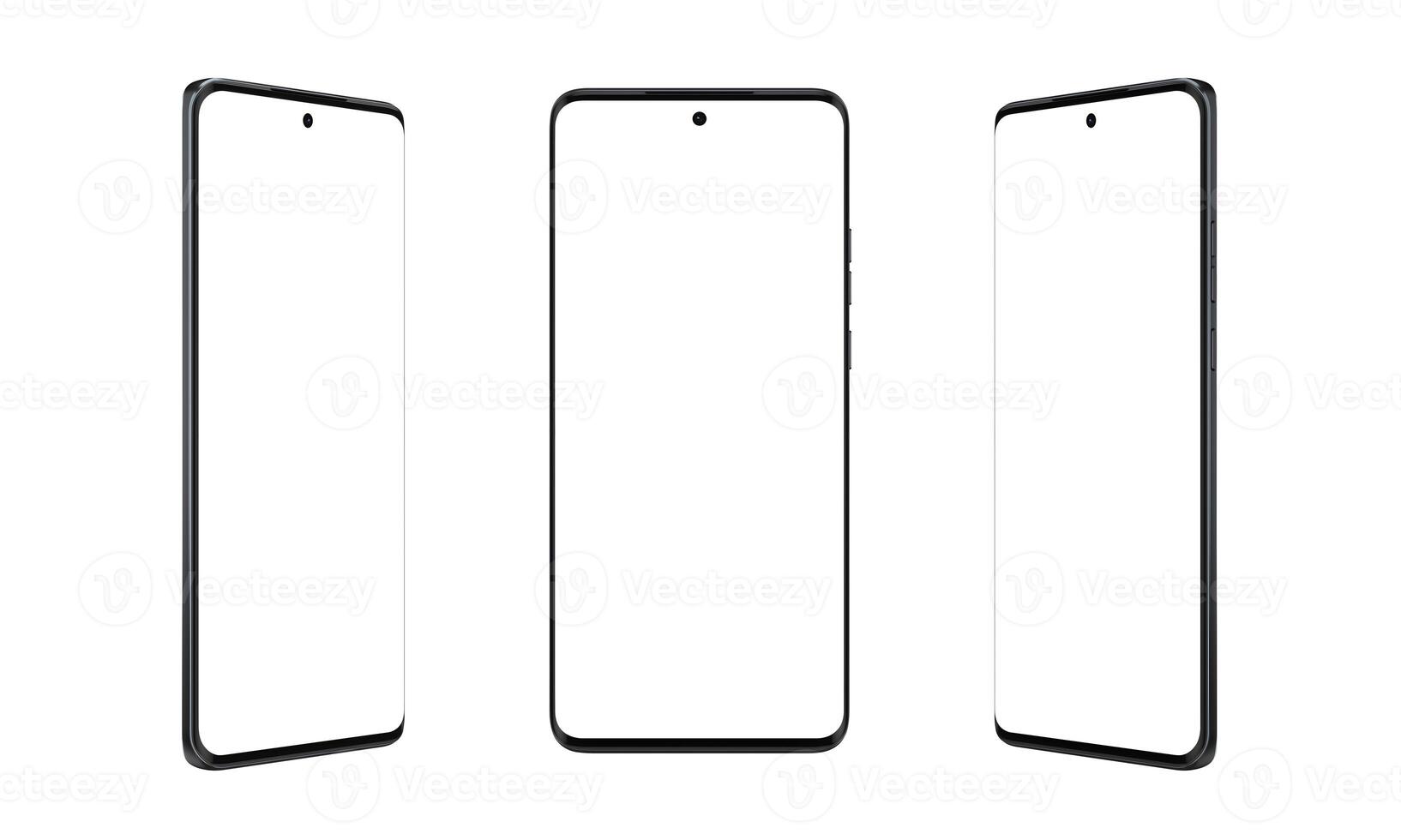 Modern smartphone with thin, round edges in three positions, isolated on white. Versatile phone mockup for showcasing sleek design photo