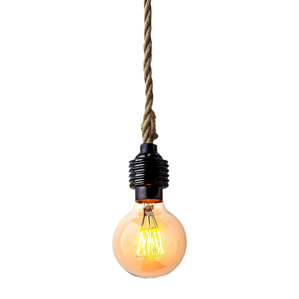 AI generated Png of Glass bulb hanging on a rope against transparent Background