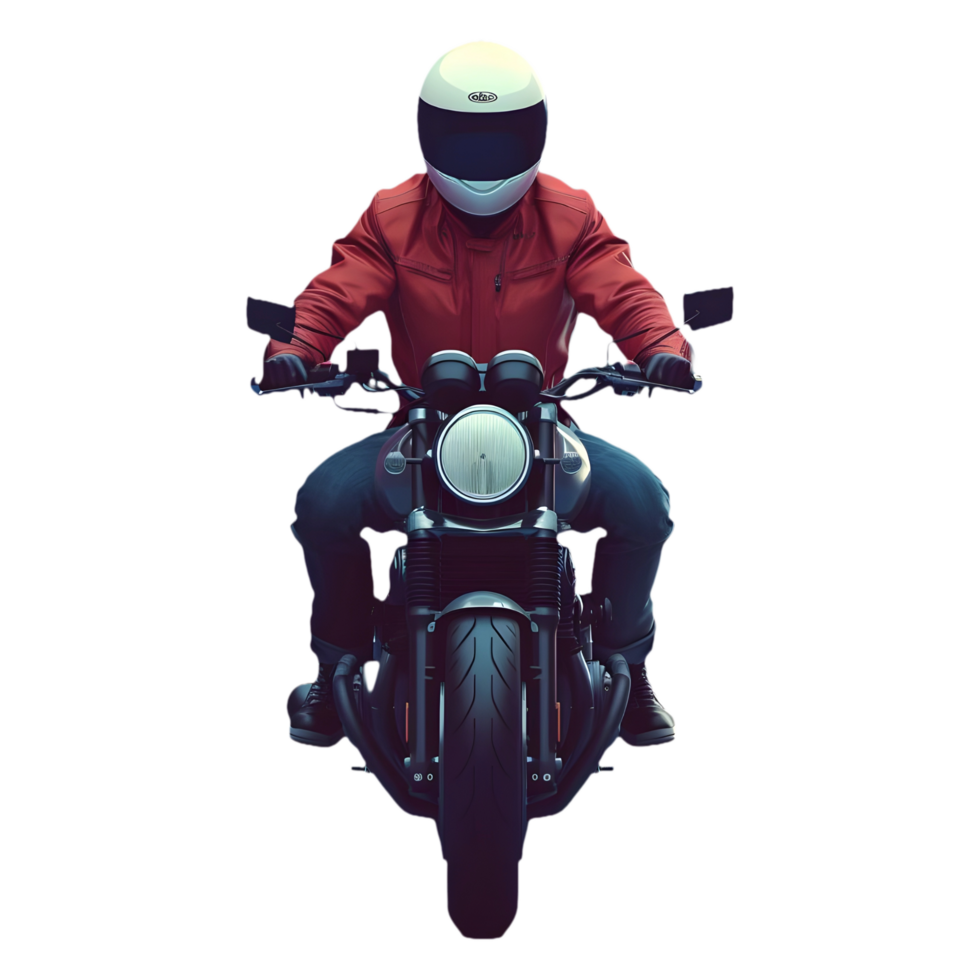 AI generated Png of front view of biker riding a motorcycle against transparent Background