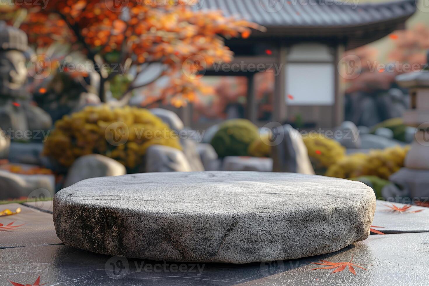 AI generated empty stone podium against the backdrop of an oriental garden photo