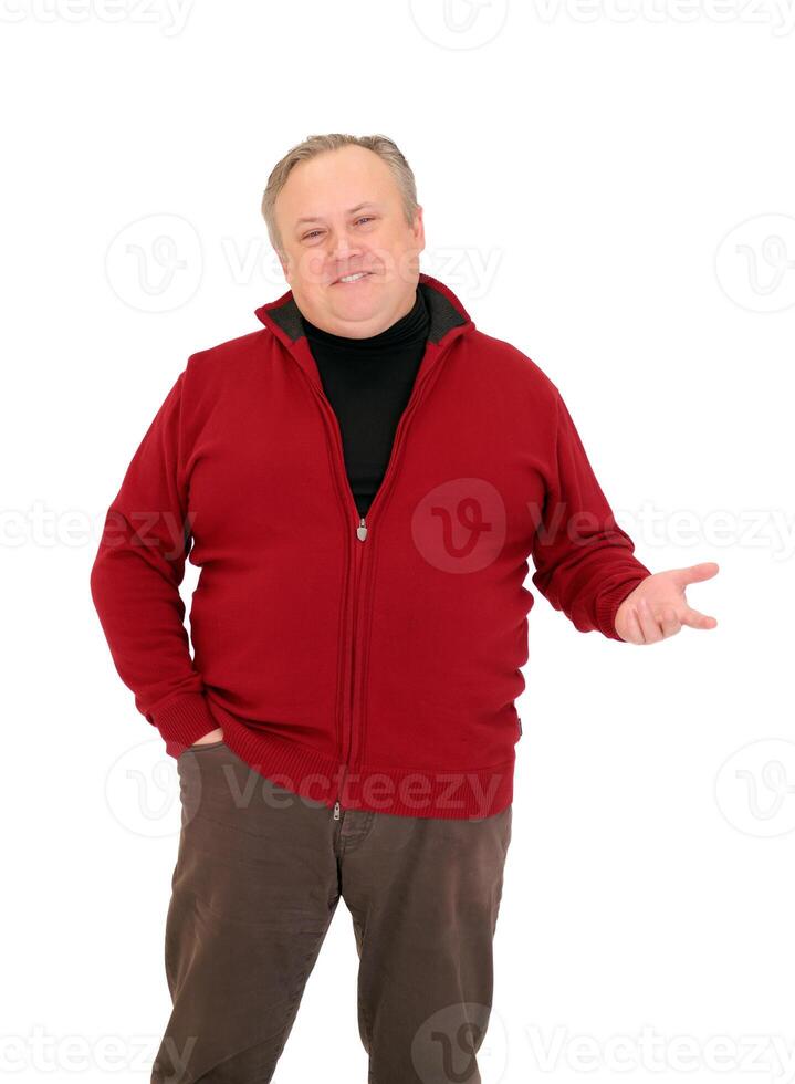 man talking and gesturing in full length on a white background photo