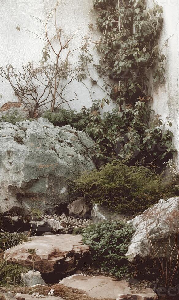 AI generated vertical quiet background with oriental garden photo
