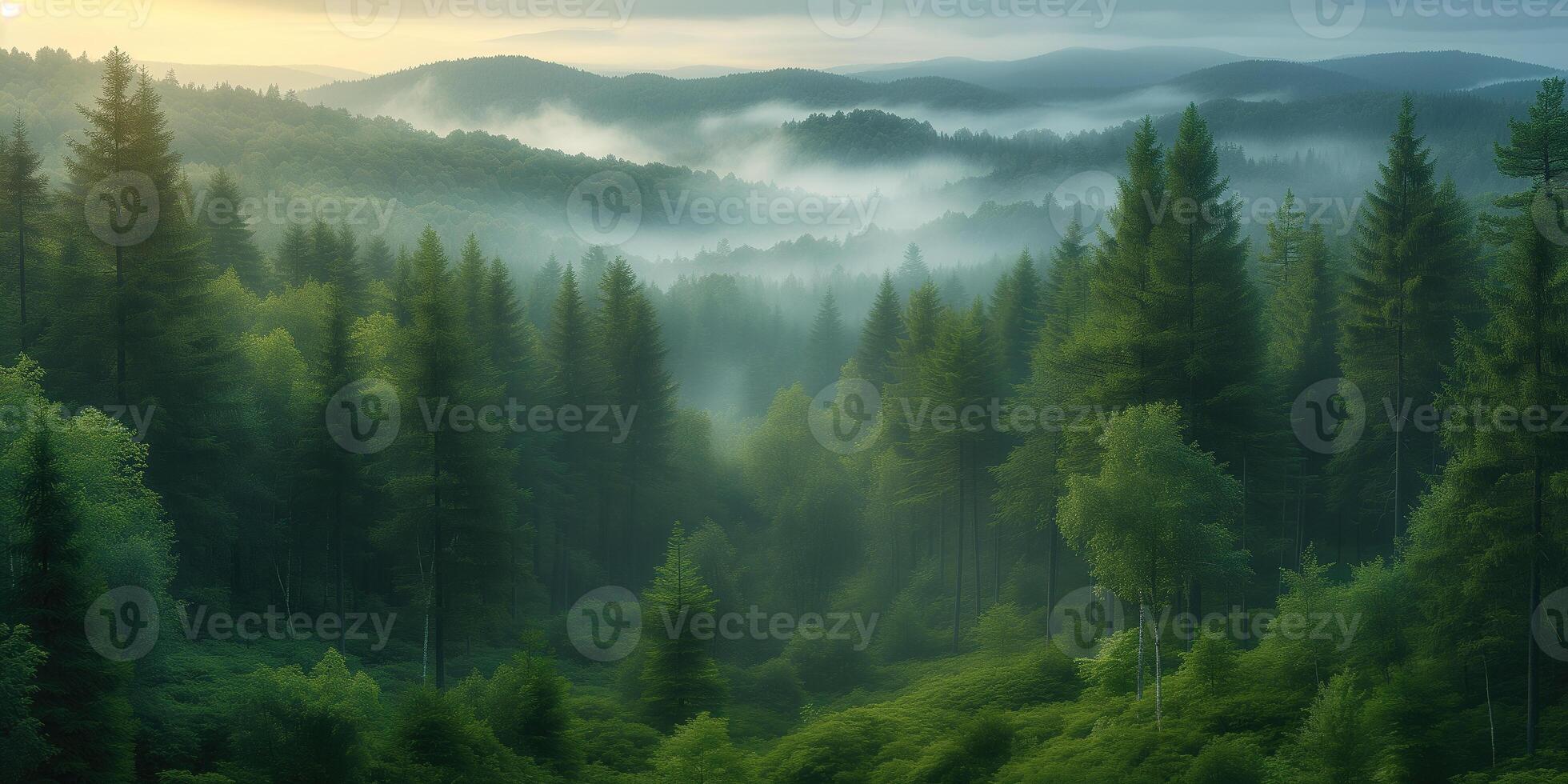 AI generated aerial view of foggy coniferous forest photo