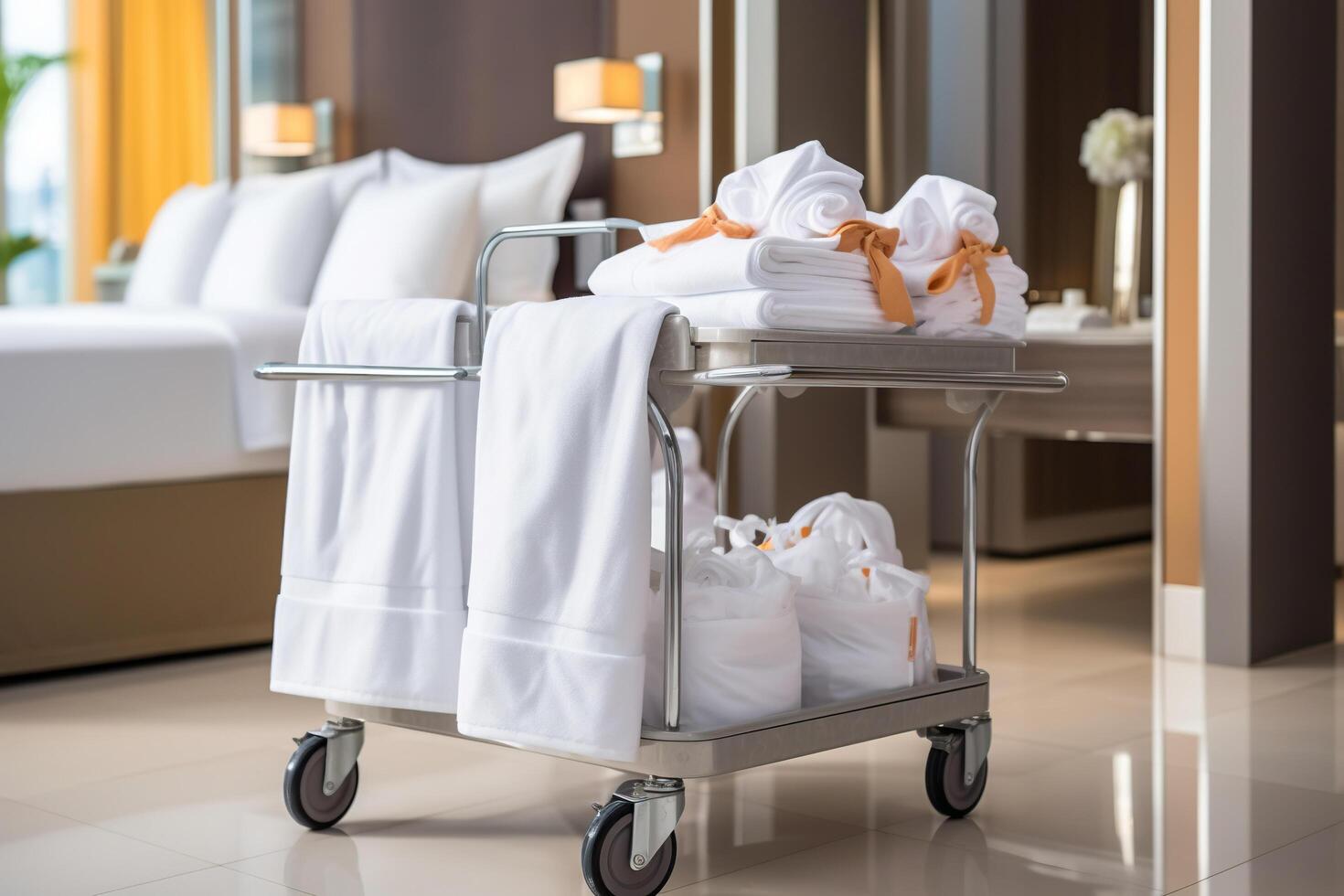 AI generated Hotel maid trolley, trolley with snow-white clean towels. Room cleaning concept. Generated by artificial intelligence photo