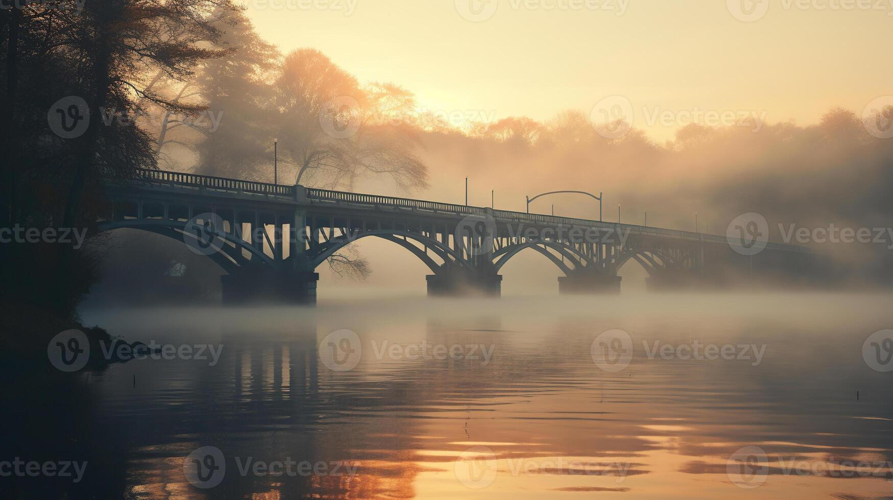 AI generated A beautiful large bridge over the river in the fog at sunset, dawn. Generated by artificial intelligence photo