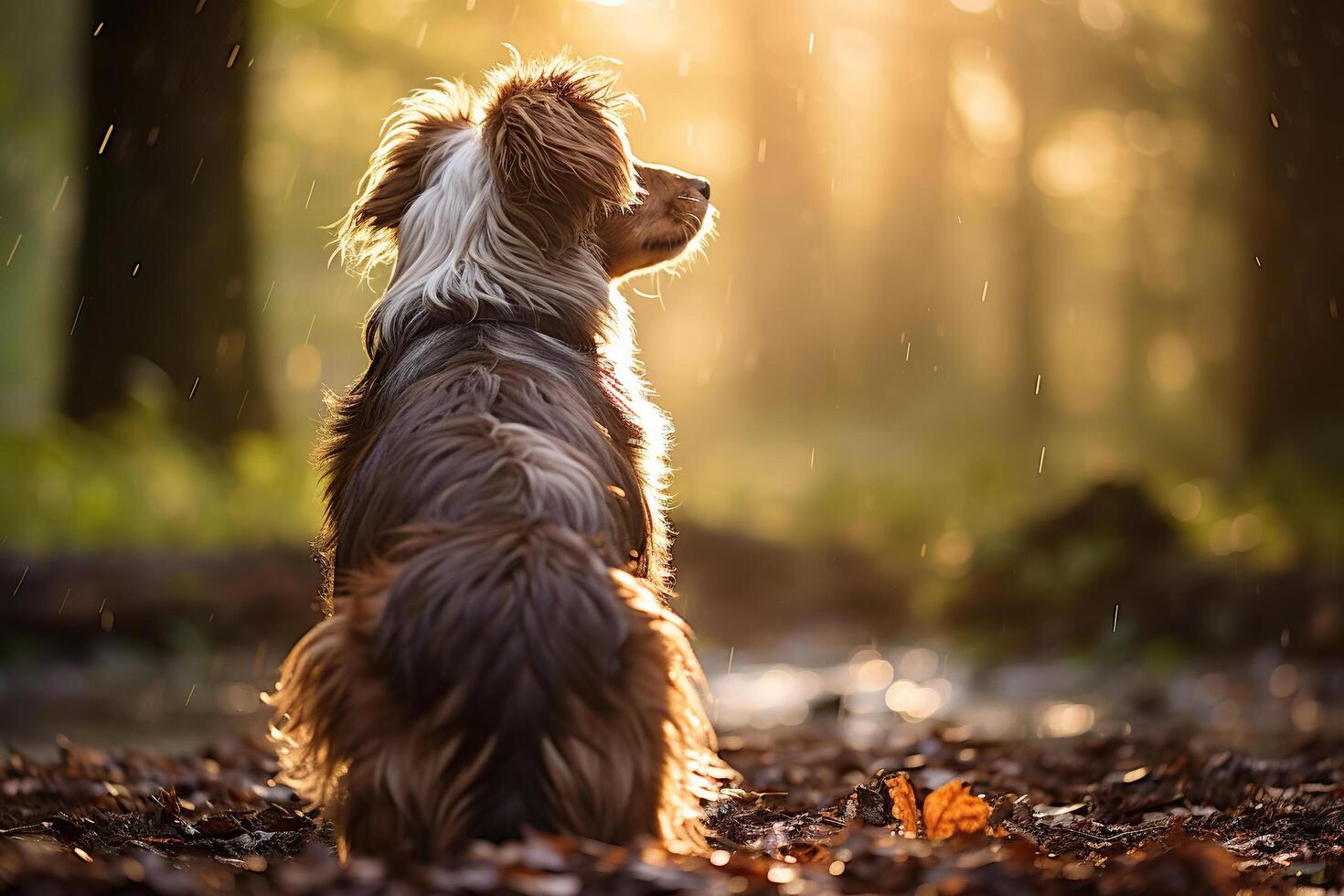 AI generated The dog sits in the summer rain in nature. Generated by artificial intelligence photo