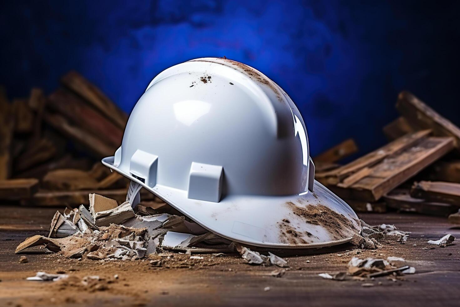 AI generated A whole white helmet in broken bricks on a green background. Industrial safety concept. Generated by artificial intelligence photo