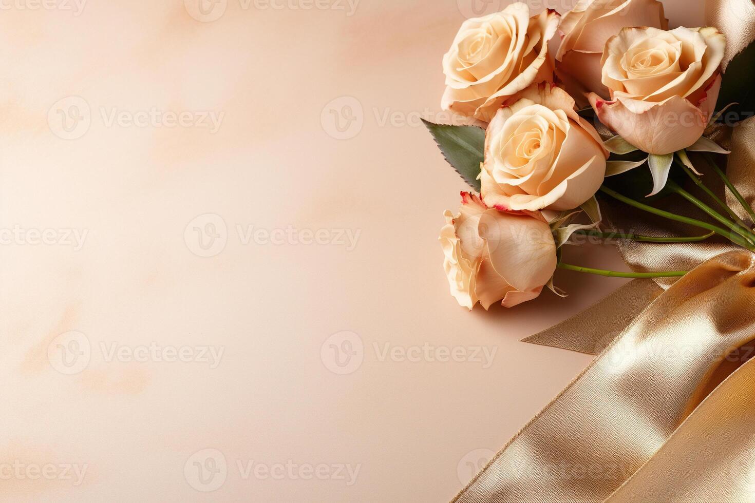 AI generated Pastel background with a bouquet of tea roses on the right and space for text. Generated by artificial intelligence photo