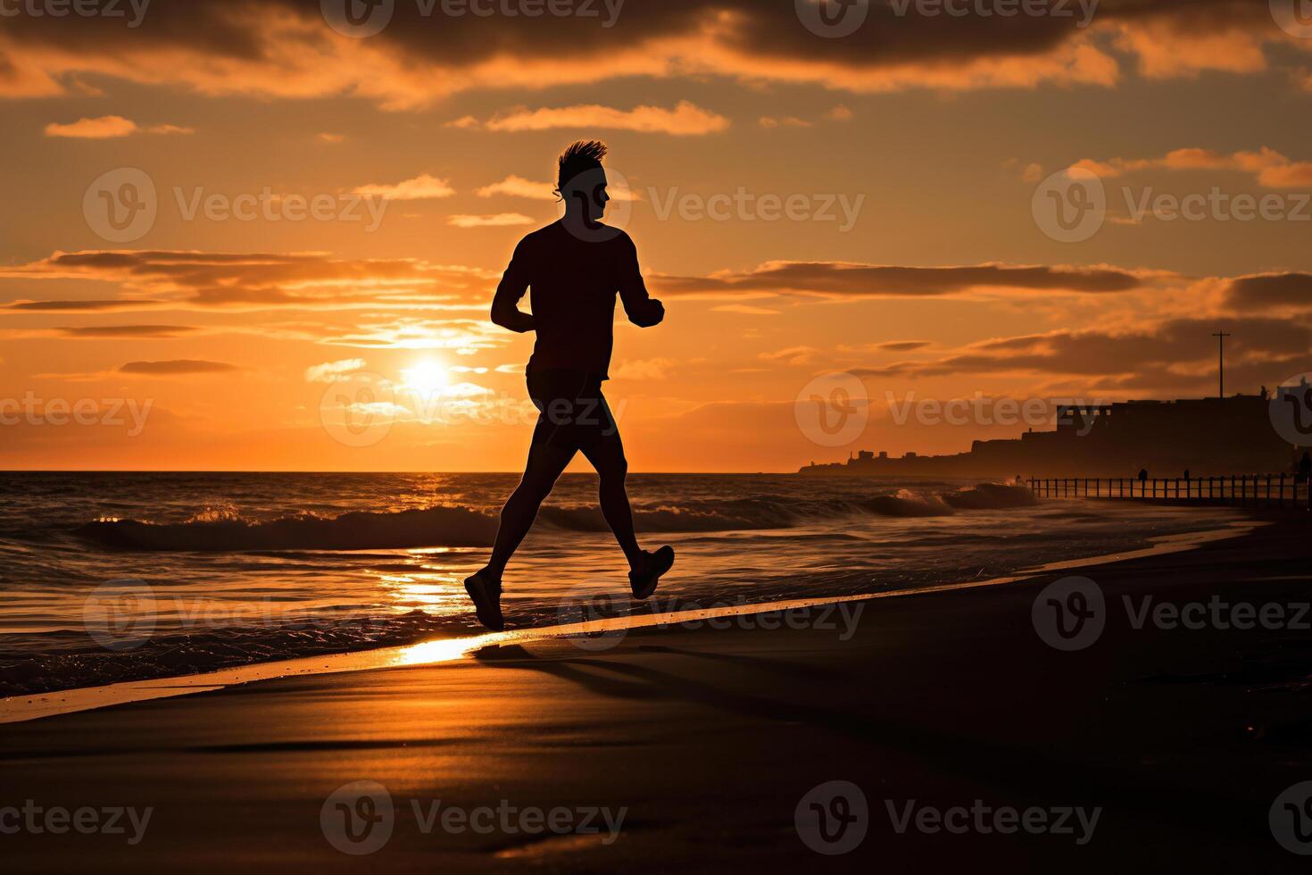 AI generated Silhouette of a man jogging along the shore at sunset and dawn. Running concept. Generated by artificial intelligence photo