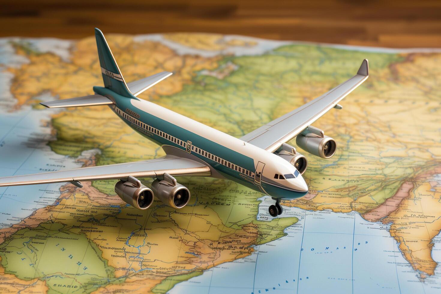 AI generated Air Transport. A model of a passenger plane stands on a world map on the table. Generated by artificial intelligence photo