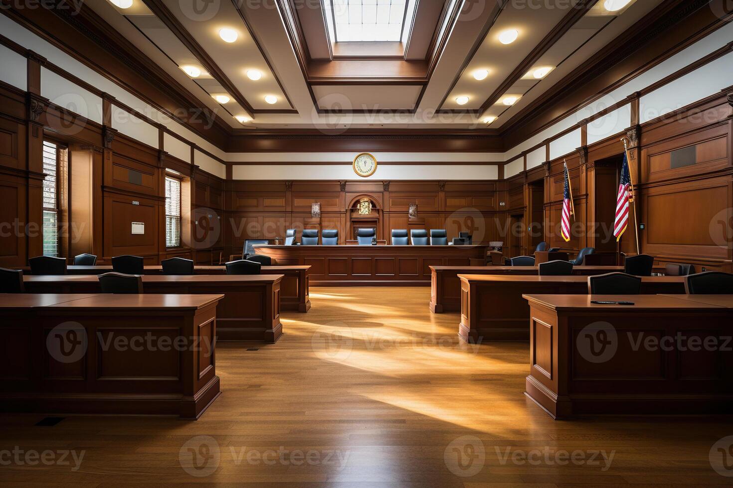 AI generated Image of an empty courtroom with wooden benches. Generated by artificial intelligence photo