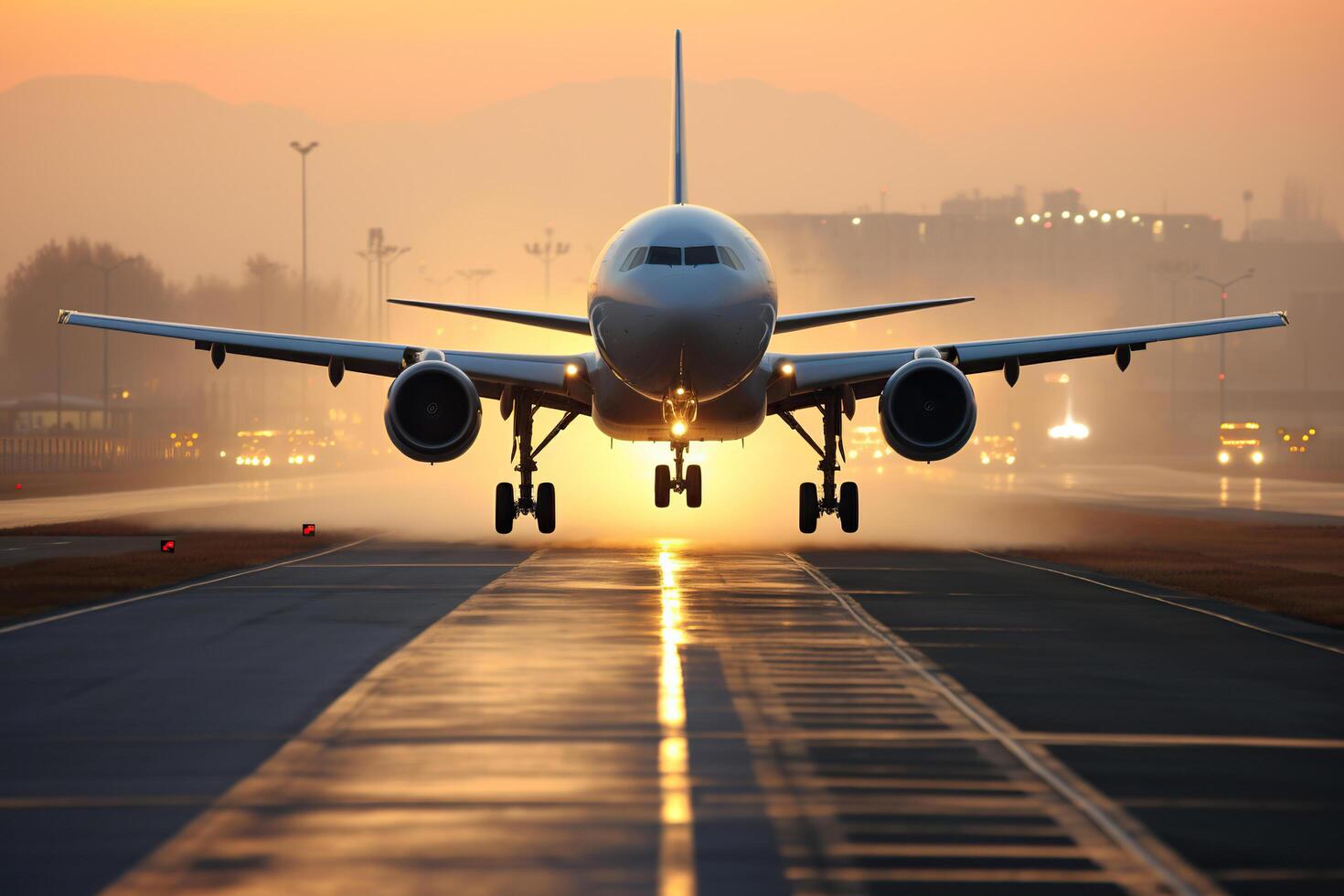 AI generated The plane takes off at sunset. Generated by artificial intelligence photo
