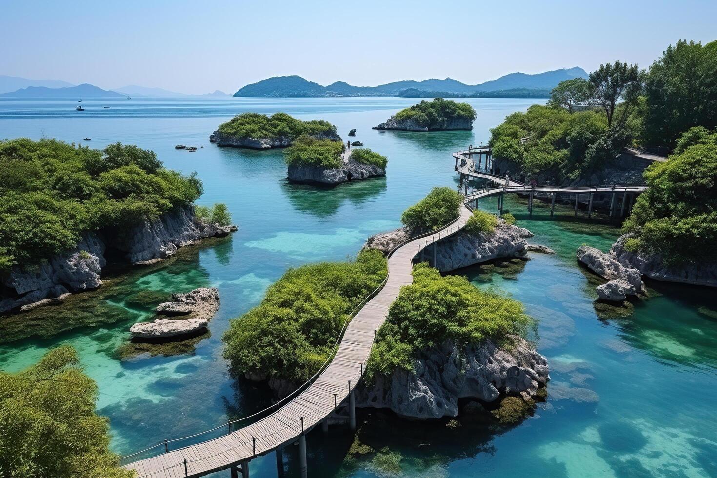 ai generado islas en el mar conectado por un puente. generado por artificial inteligencia foto