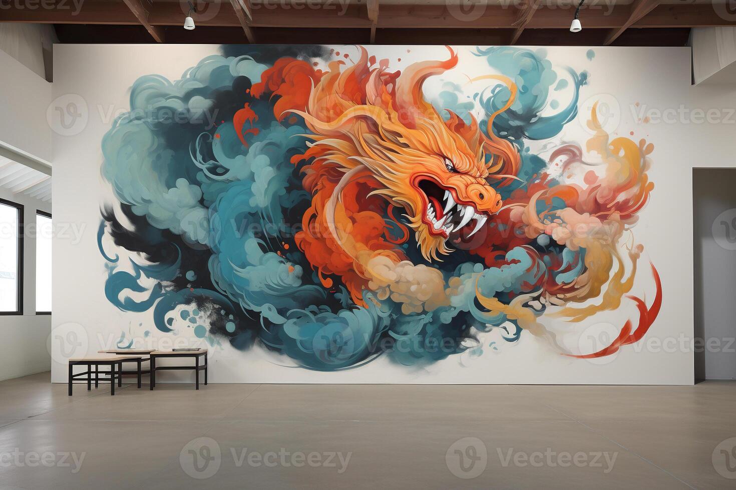 AI generated Drawing of a fierce dragon on a white wall in an empty room. Generated by artificial intelligence photo